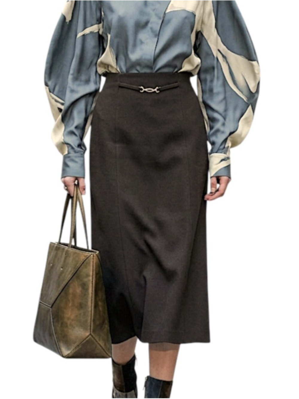 VTG 80s 90s dark brown stretch quiet luxury old money a-line belt midi skirt 10